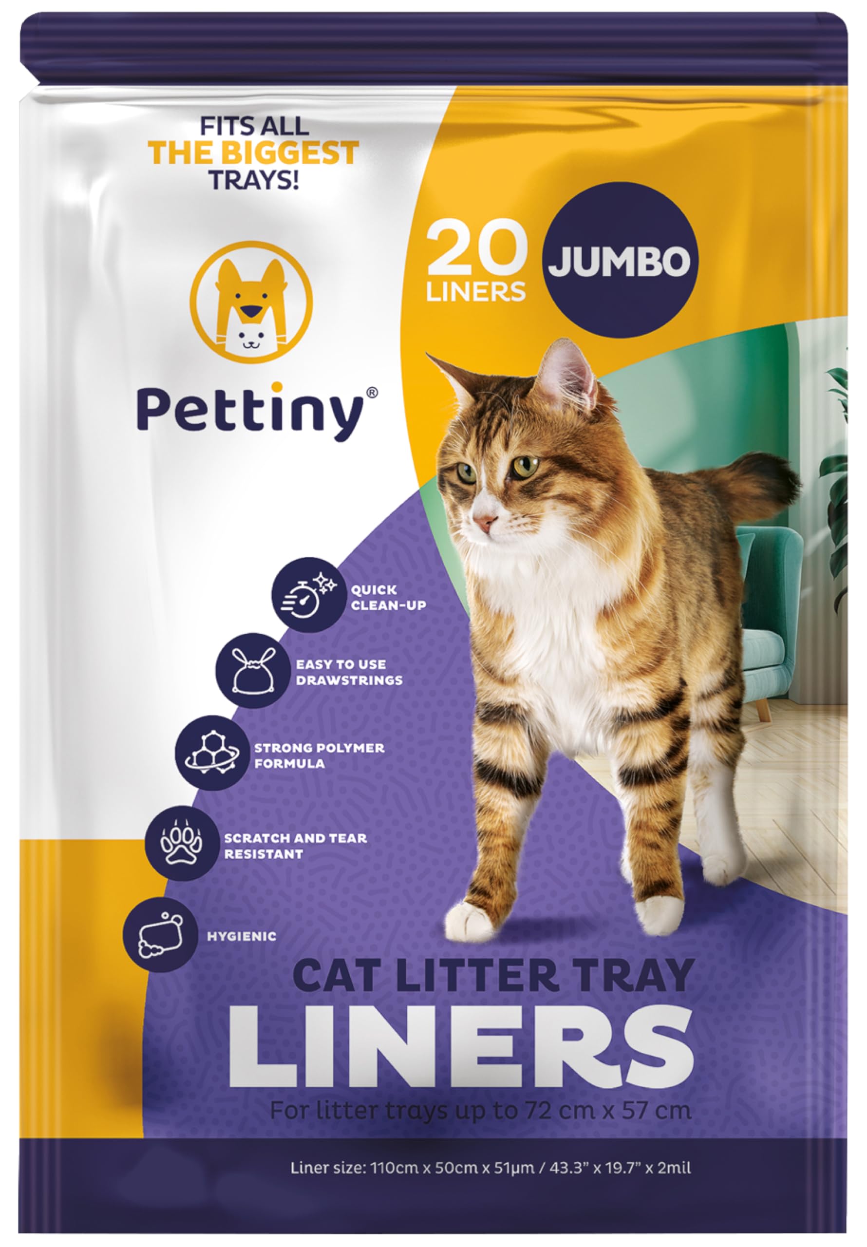 Jumbo Cat Litter Box Liners with Drawstrings - 43" x 19" Scratch Resistant Cat Litter Bags for Jumbo Litter Trays - Kitty Litter Bags and Cat Box Liners - Easy to Use Cat Litter Liners - 20 Count