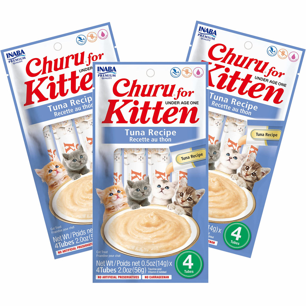 INABA Churu for Kittens Grain-Free Creamy Purée Lickable Cat Treats with DHA EPA Vitamin E & Taurine 0.5 Ounces Each 12 Tubes (4 per Pack) Tuna Recipe