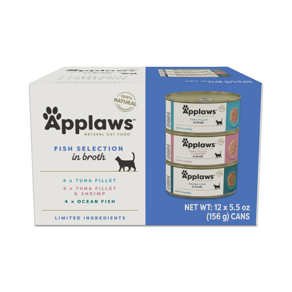 Applaws Natural Wet Cat Food in Broth Limited Ingredient Canned Wet Cat Food Cat Food Variety Pack Made with Natural Ingredients Fish Selection Variety Pack in Broth (12 x 5.5oz Cans)