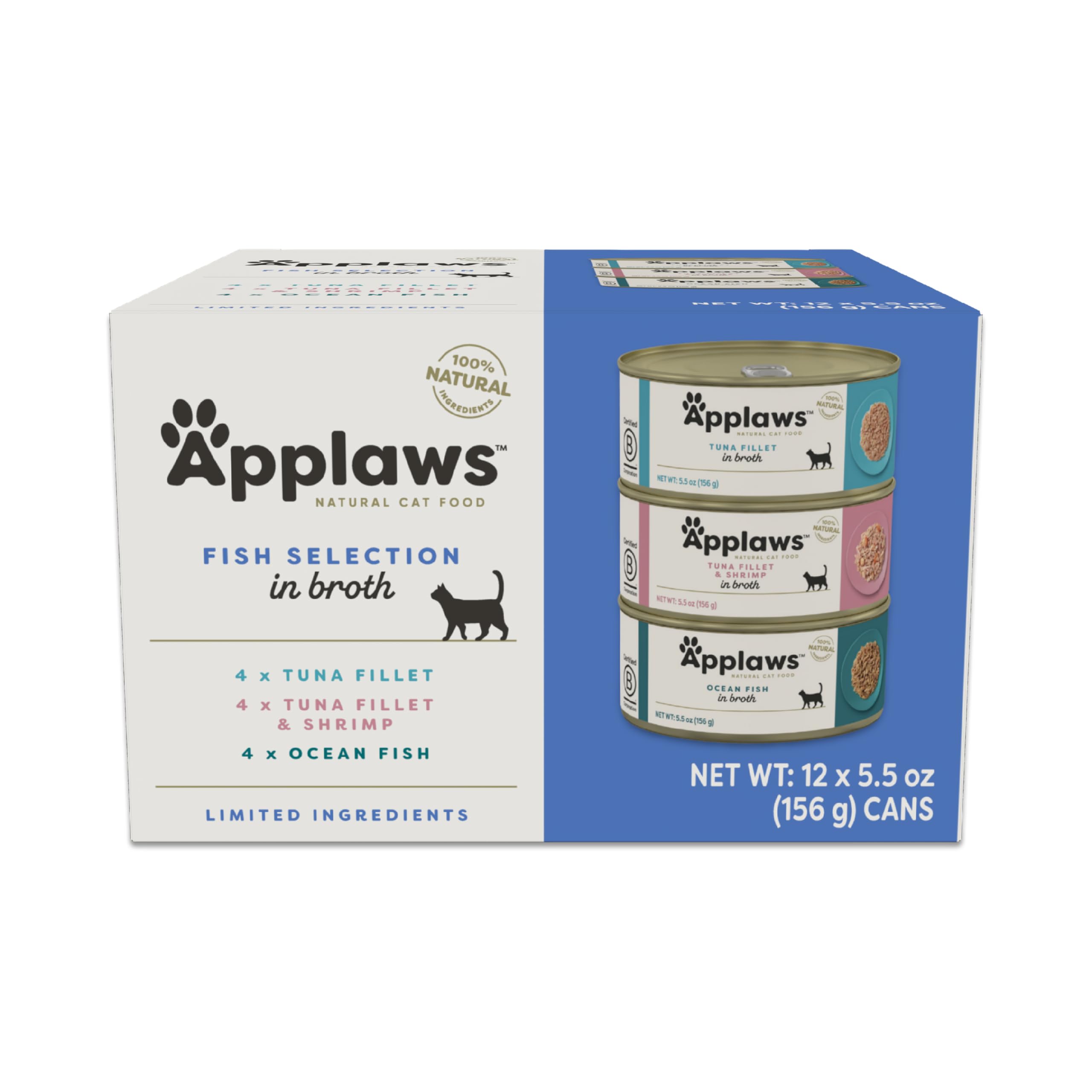 Applaws Natural Wet Cat Food in Broth Limited Ingredient Canned Wet Cat Food Cat Food Variety Pack Made with Natural Ingredients Fish Selection Variety Pack in Broth (12 x 5.5oz Cans)