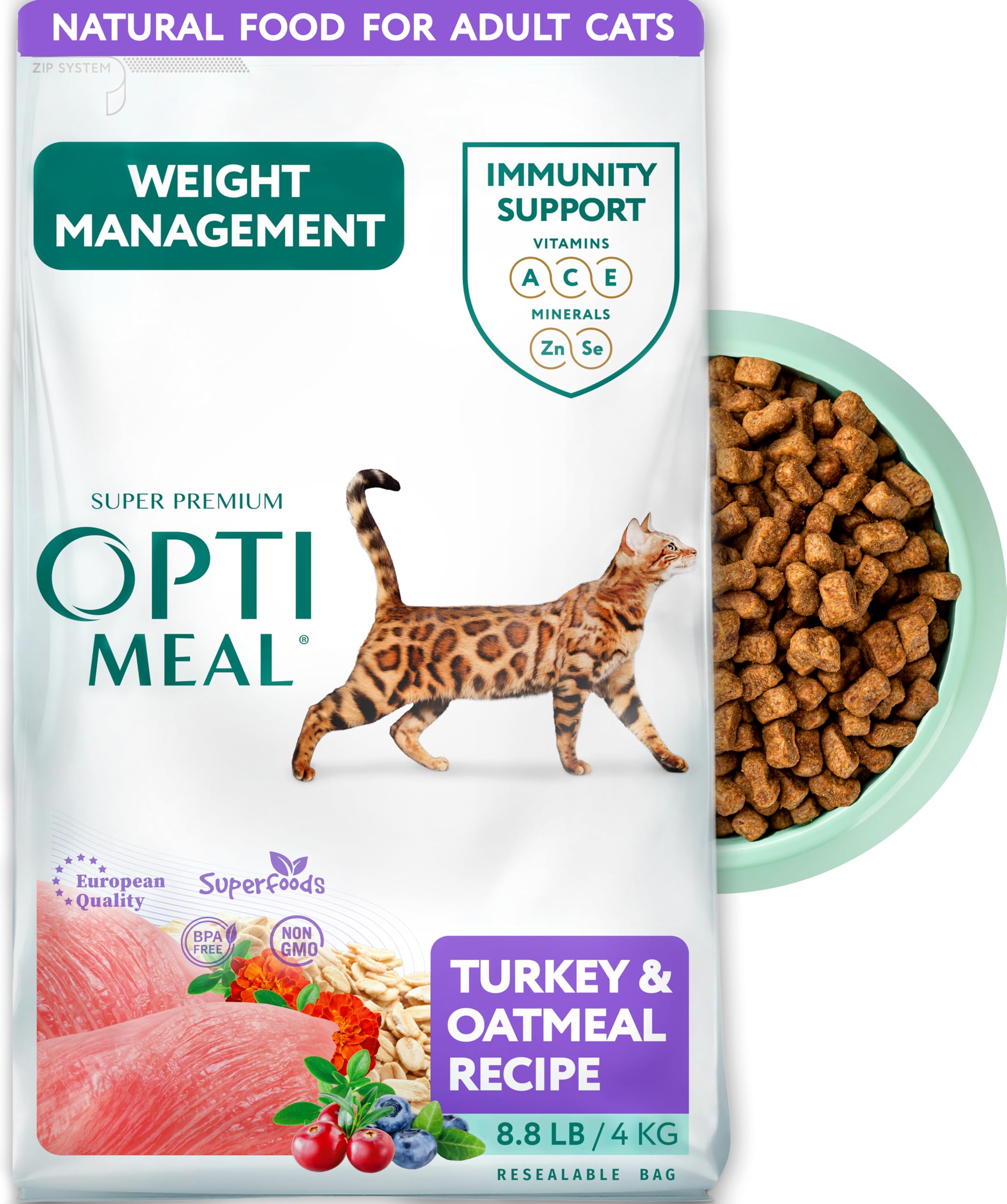 OPtimeal Weight Control Cat Food - Proudly Ukrainian - Cat Food Dry Recipe with Metabolism Support for Healthy Digestion Tasty Dry Cat Food for Adult Cats (8.8 lbs Turkey & Oatmeal)