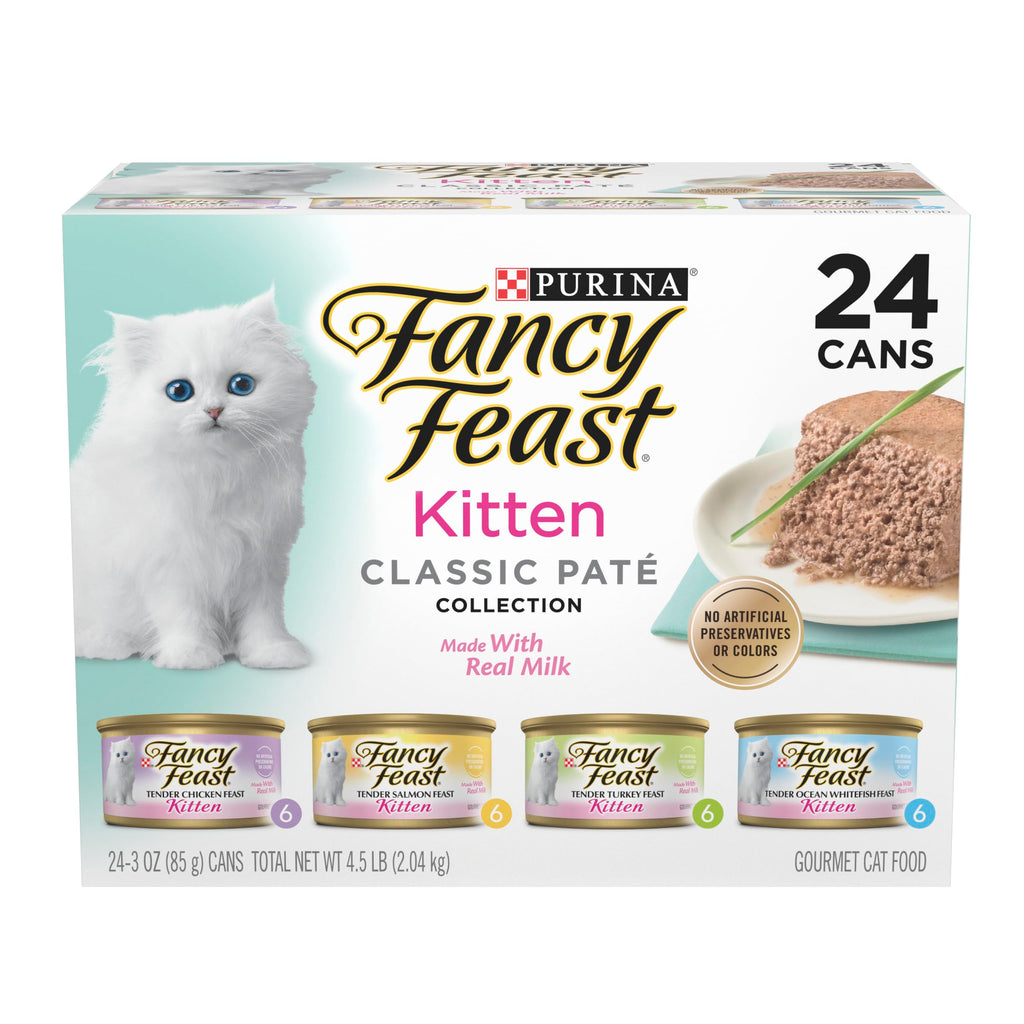 Purina Fancy Feast Tender Ocean Whitefish Turkey Chicken and Salmon Feasts Wet Kitten Food Variety Pack - (Pack of 24) 3 oz. Boxes