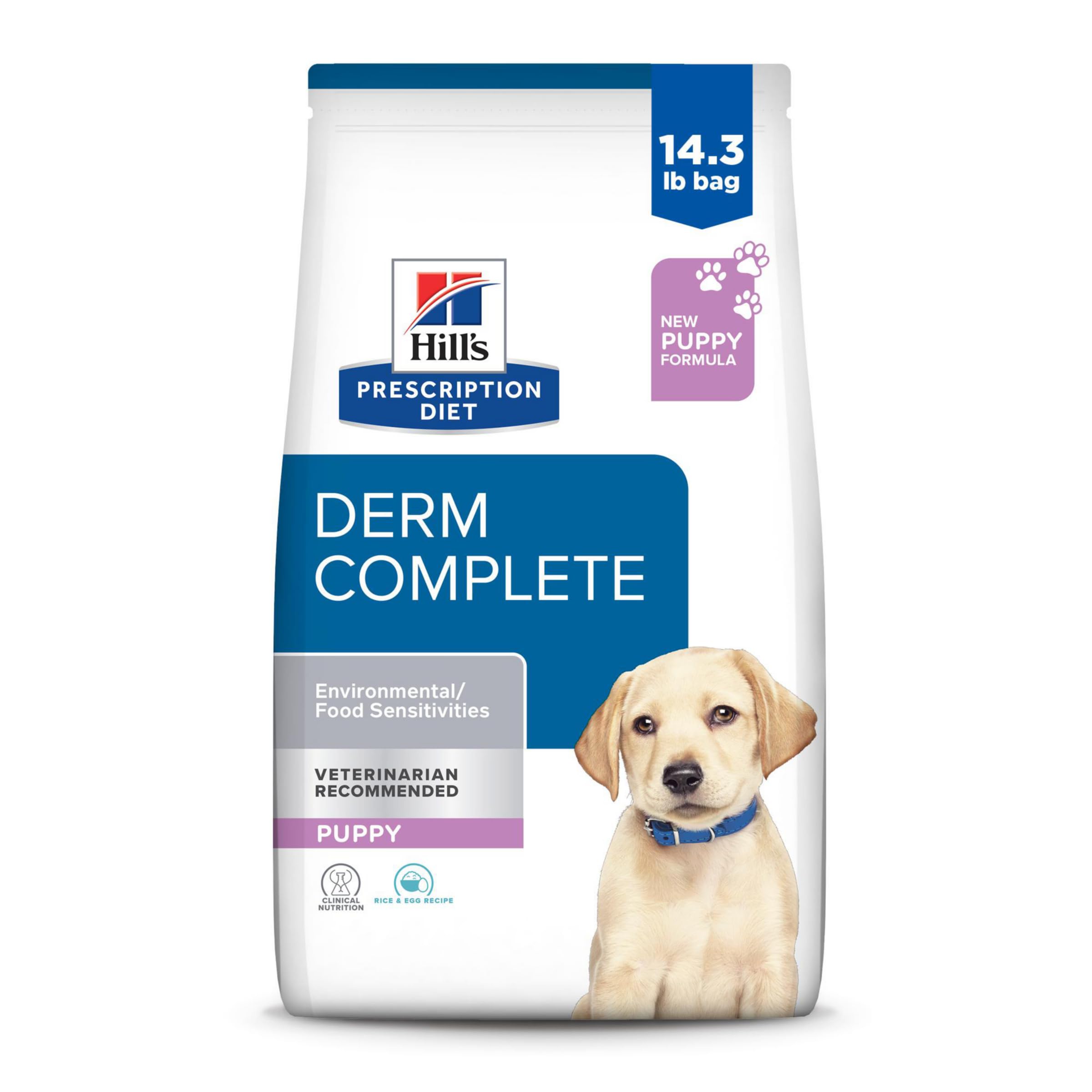 Hills Prescription Diet Derm Complete Puppy Environmental/Food Sensitivities Rice & Egg Recipe Dry Dog Food Veterinary Diet 14.3 lb. Bag