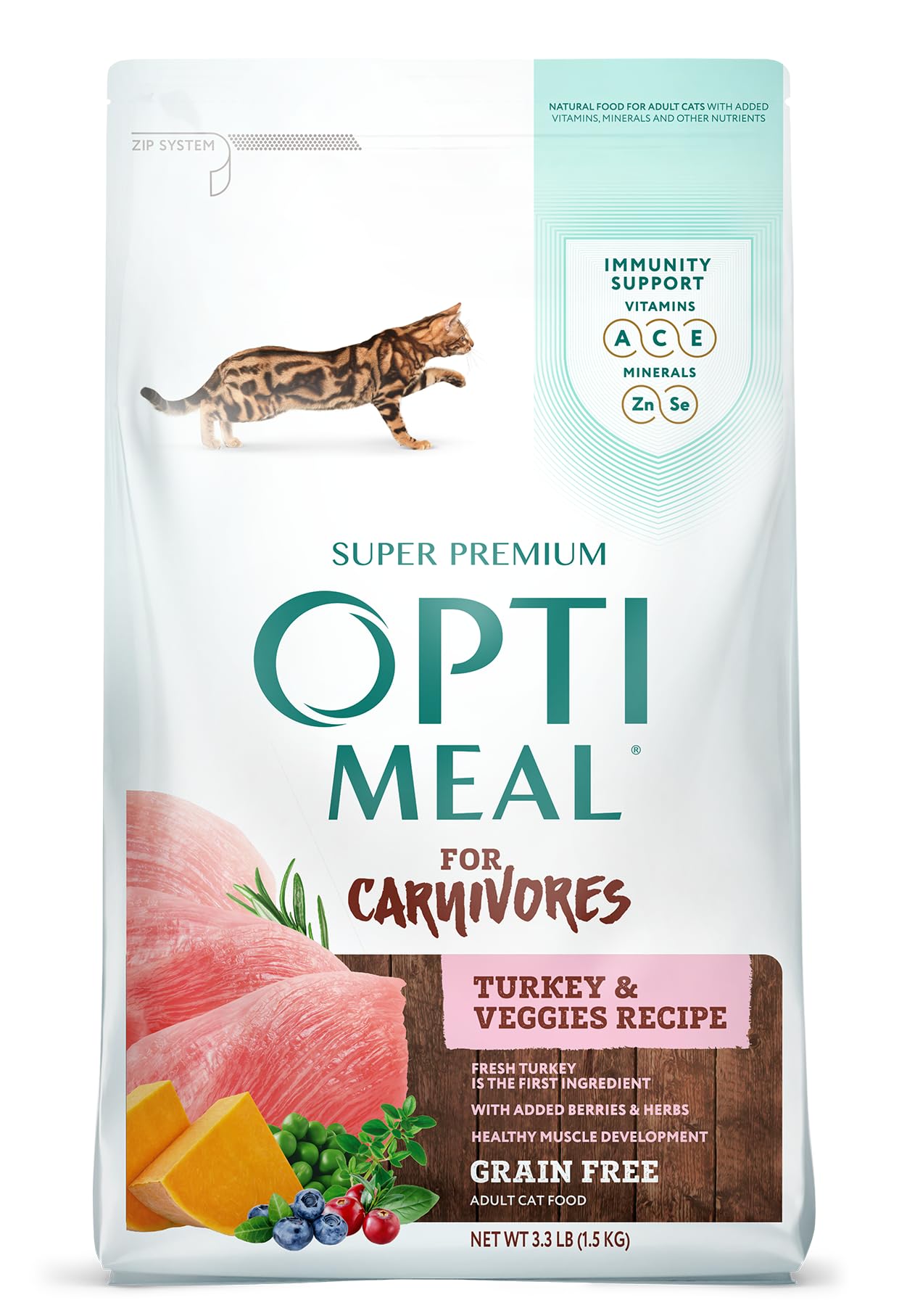 Optimeal Grain Free Cat Food - Proudly Ukrainian - Healthy Cat Food Dry Recipe for Gut Health Tasty Dry Cat Food with Immunity Support for Adult Cats (3.3 lbs Turkey & Veggies)