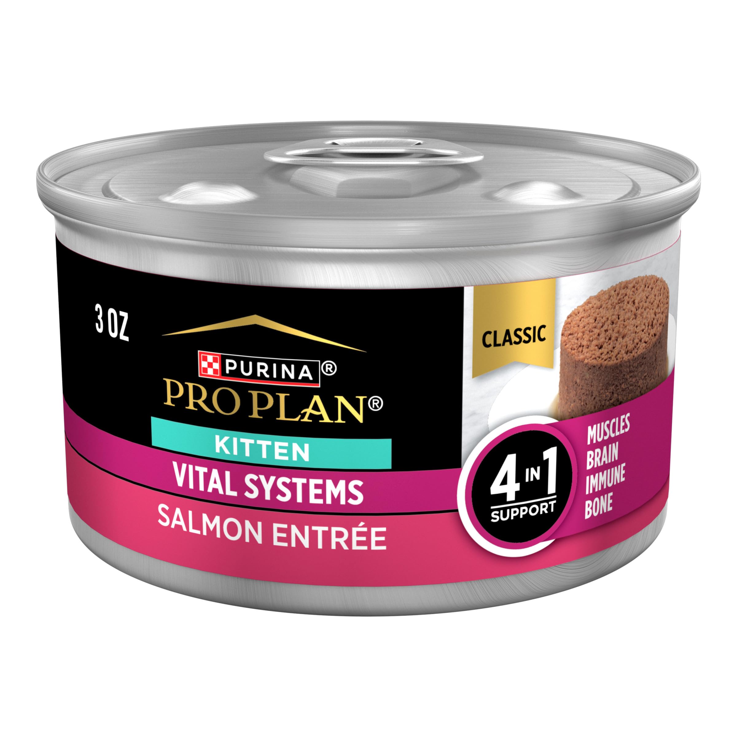 Purina Pro Plan Vital Systems Salmon Entree Wet Kitten Food 4-in-1 Muscles Brain Immune and Bone - (Pack of 24) 3 oz. Cans