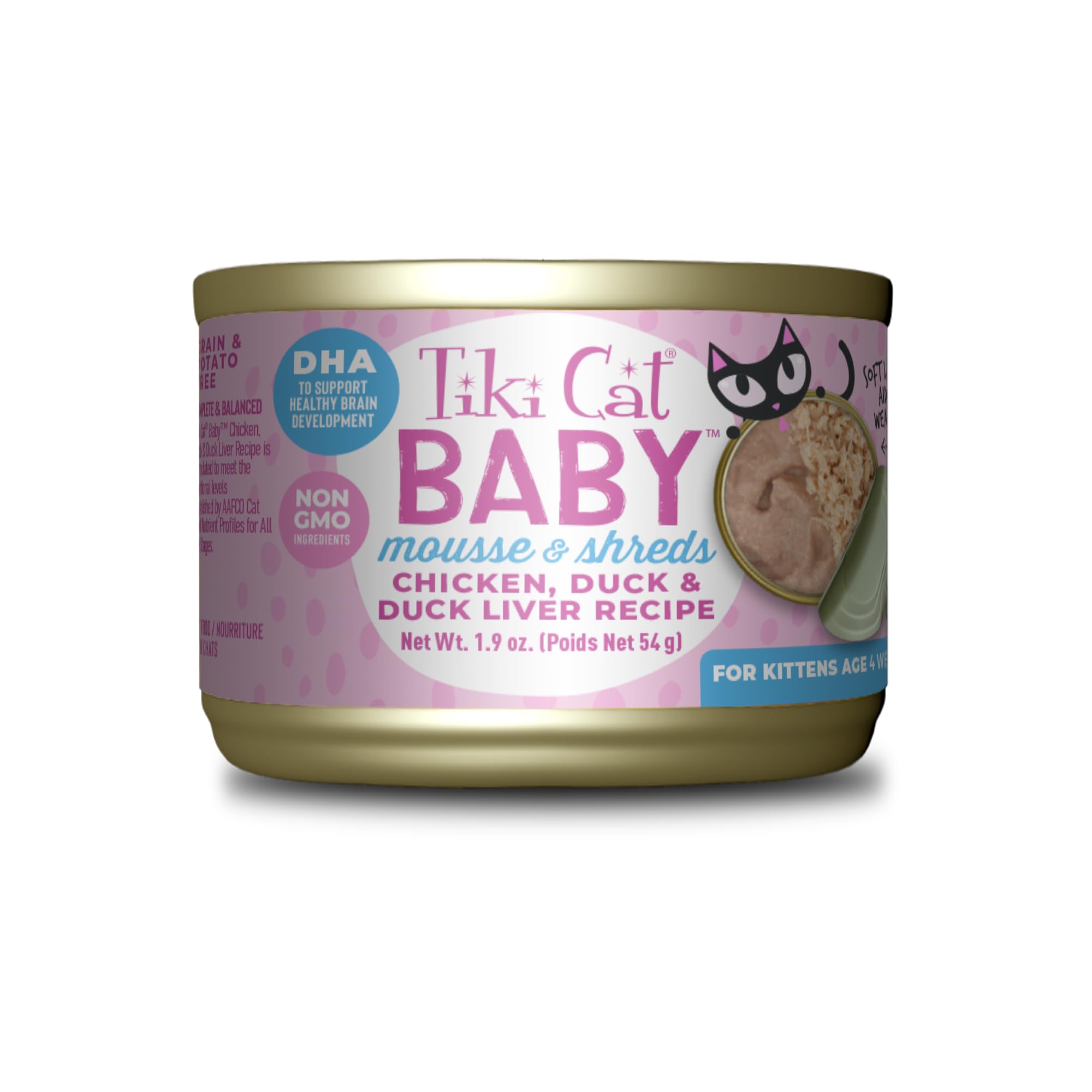 Tiki Cat Baby Chicken Duck & Duck Liver Mousse & Shreds High-Protein and Flavorful Wet Cat Food for Kittens 4 Weeks Plus 1.9 oz. Cans (Pack of 3)