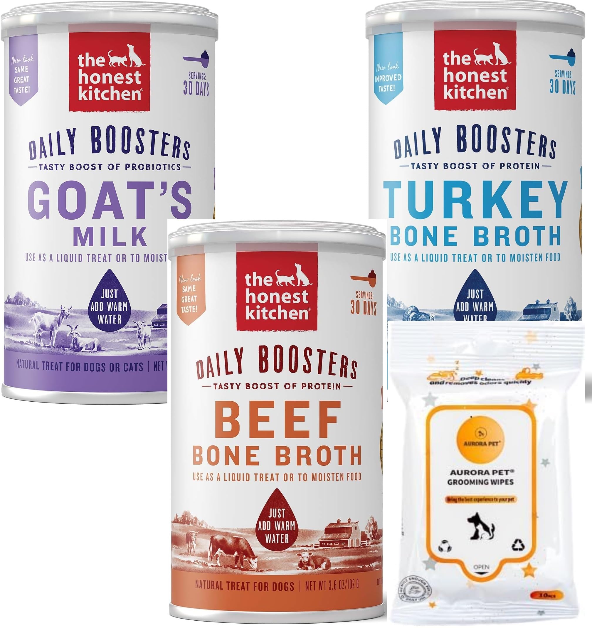 Aurora Pet Variety Pack (3) Daily Boosters Dogs and Cat Treats (1) Beef Bone Broth (1) Turkey Bone Broth (1) Probiotic Goats Milk with AuroraPet Wipes