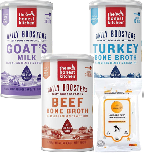Aurora Pet Variety Pack (3) Daily Boosters Dogs and Cat Treats (1) Beef Bone Broth (1) Turkey Bone Broth (1) Probiotic Goats Milk with AuroraPet Wipes