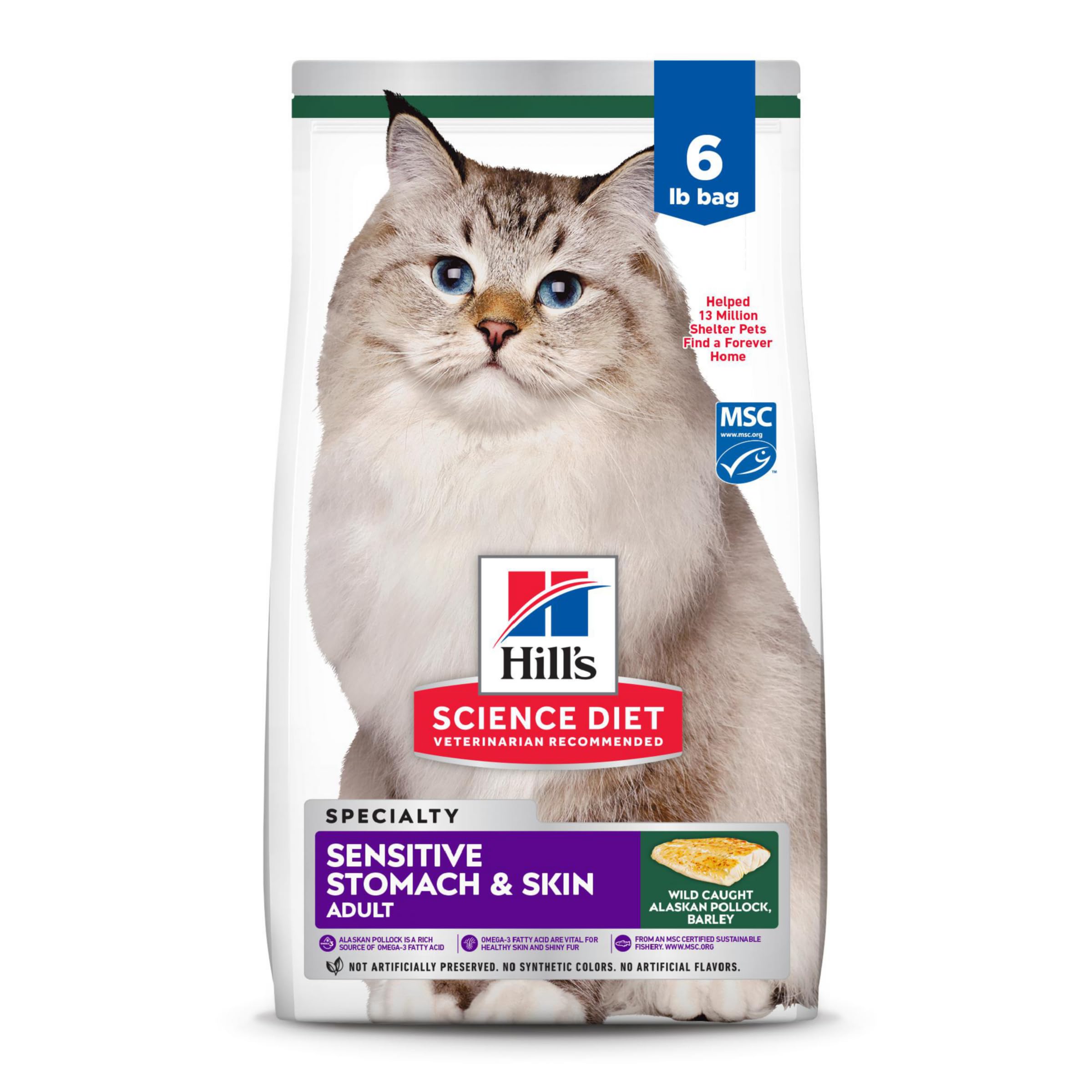 Hills Science Diet Sensitive Stomach & Skin Adult 1-6 Stomach & Skin Sensitivity Support Dry Cat Food Pollock & Barley 6 lb Bag
