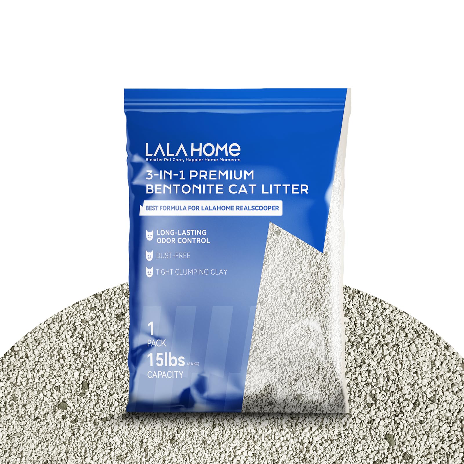 LALAHOME Clumping Cat Litter Premium Bentonite Cat Litter Sodium-Based Dust-Free Strong Durability Odor Control Natural Mineral Formula Cat Litter for RealScooper - 15 lb. Box