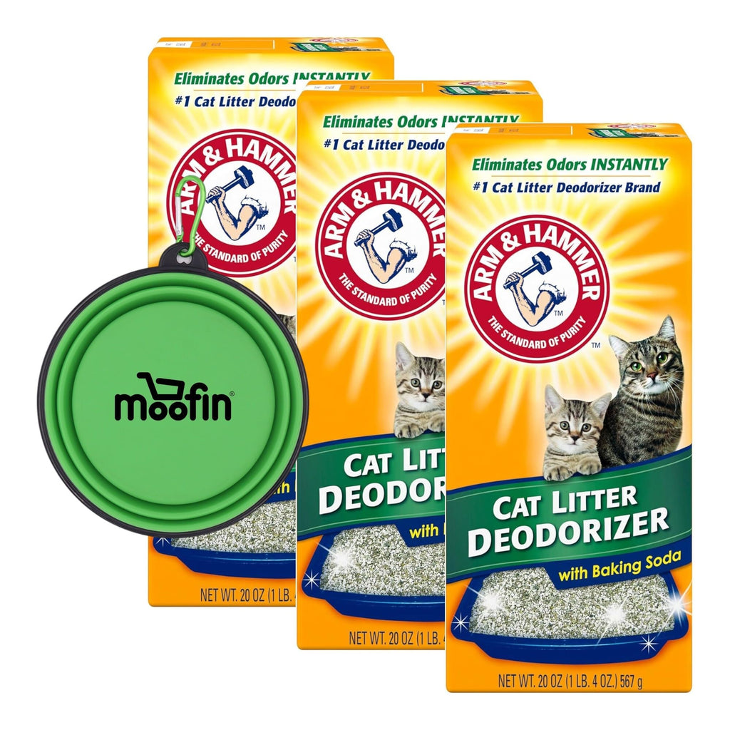 moofin Cat Litter Cat Litter Detergent with Baking Soda Powerful Odor Eliminator Includes Silicon Pet Bowl - Cat litter Deodorizer Gentle on Sensitive Skin 20 Oz [Pack of 3]