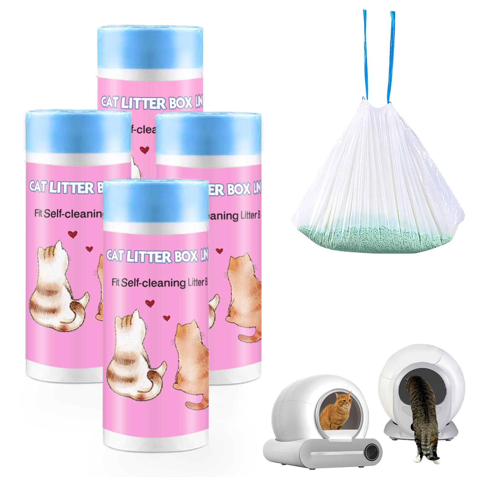 100 Count Self-Cleaning Cat Litter Box Liners Compatible With Automatic Cat Litter Box Drawstring Heavy Duty Cat Litter Receptacles Bags Replacement Trash Bag -19" x 18"