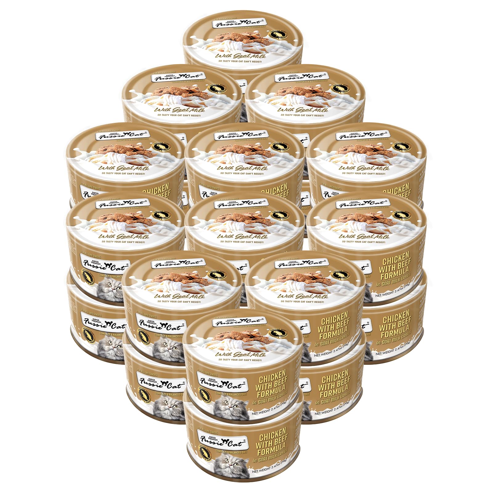 Fussie Cat Wet Canned Cat Food in Goat Milk Chicken&Beef Formula 2.47-oz cans case of 24 Bundle Pack with HS Can Lid