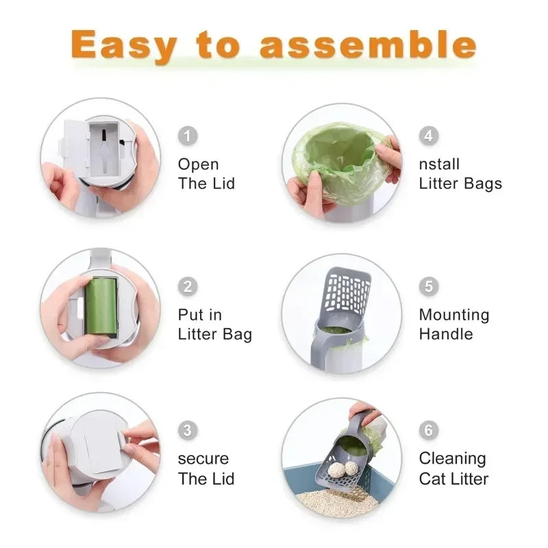 One Piece Cat Litter Scoop All in One Detachable Cat Poop Scooper with Built-in Garbage Bag Box No Mess Durable Pet Supplies