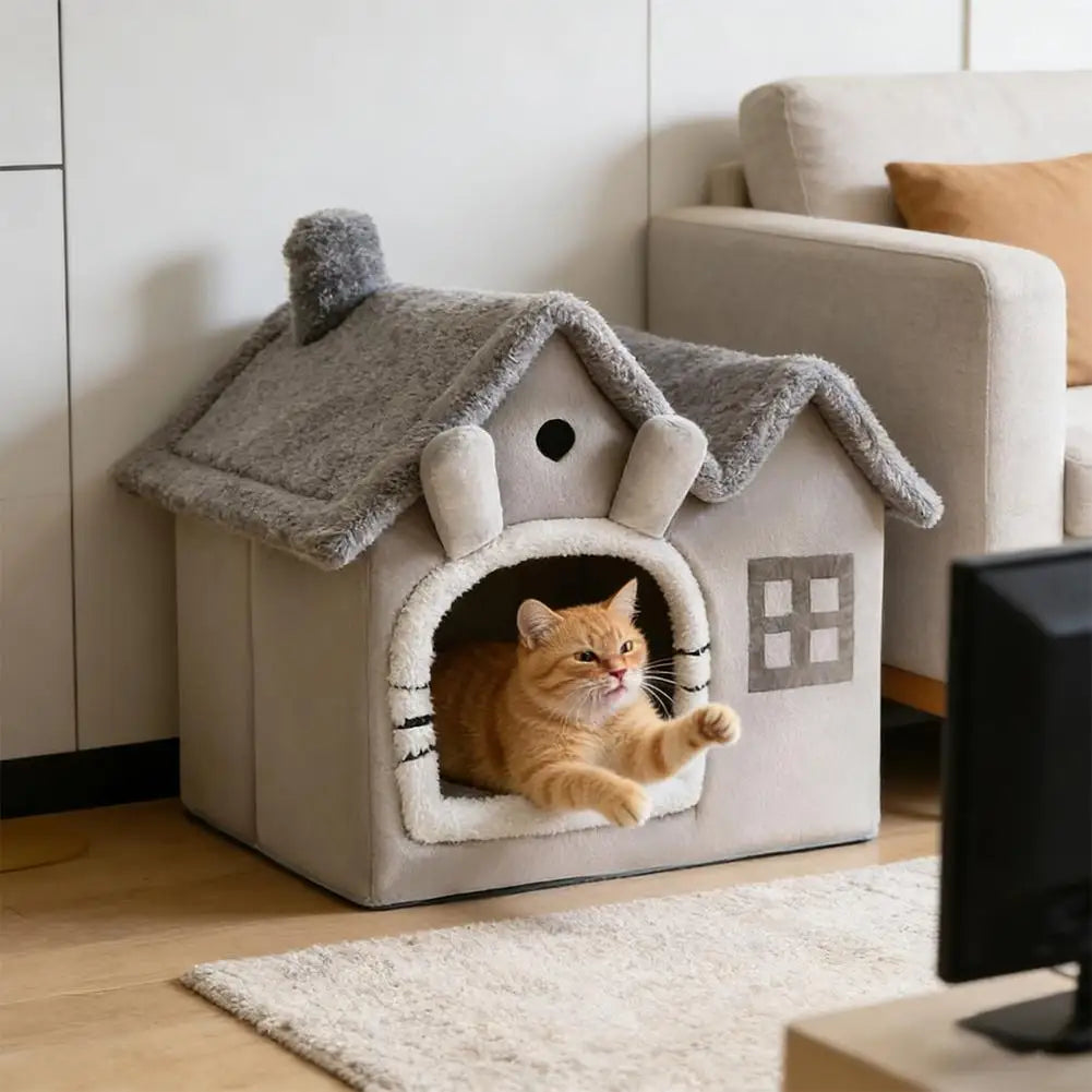 Foldable Double Roof Dog House Small Kennel Bed Mat Winter Warm Cat Nest Pet Sofa Cave Basket for Puppy 3.5kg