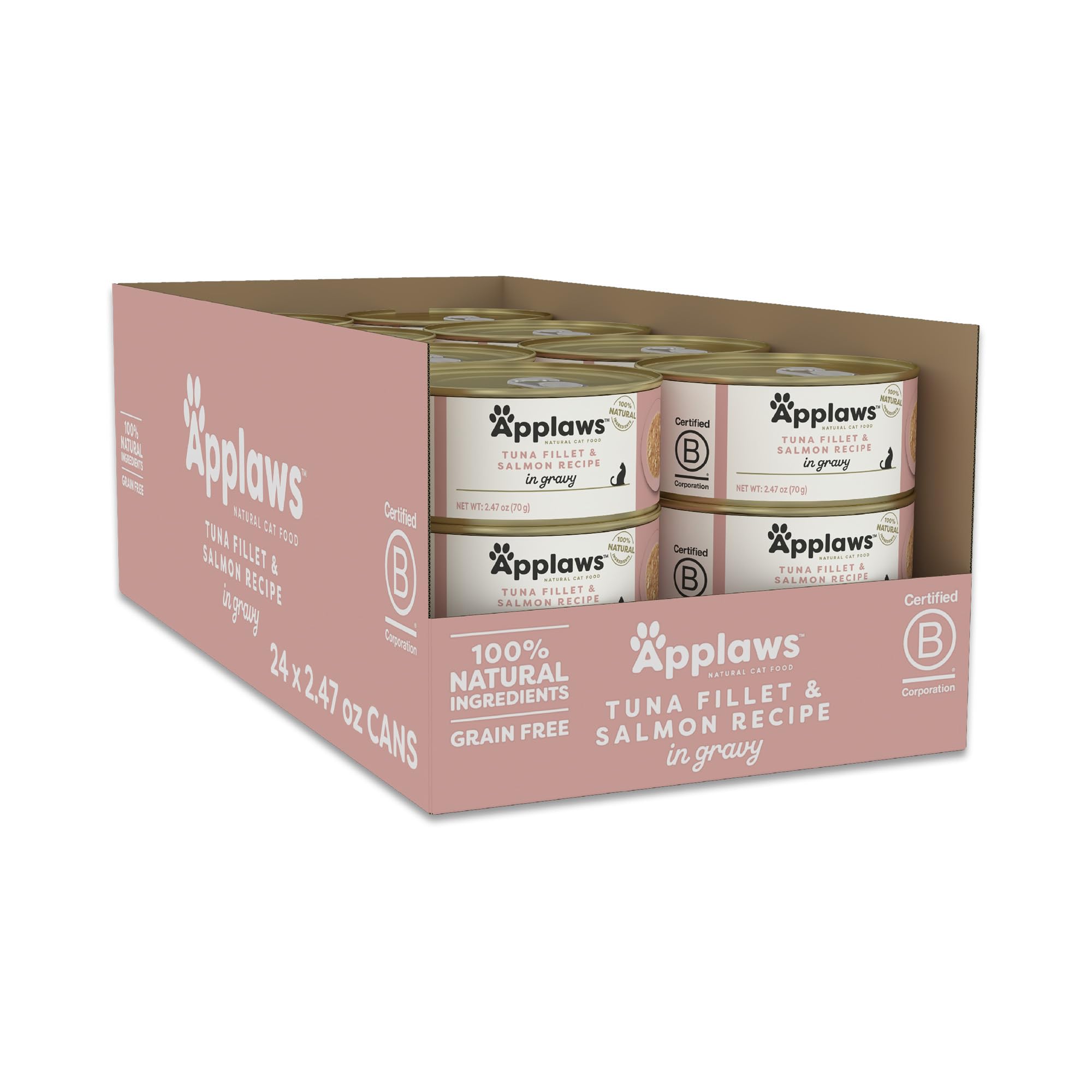 Applaws Natural Wet Cat Food in Gravy Limited Ingredient Canned Wet Cat Food No Additives Made with Natural Ingredients Tuna Fillet with Salmon in Gravy (24 x 2.47oz Cans)