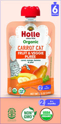 Holle Organic Baby Food Pouches - Carrot Cat Baby Puree with Carrot Mango Banana & Pear - (6 Pack) Organic Baby Snacks + Fruit and Veggie Pouches for Weaning Babies 6 Months and Older
