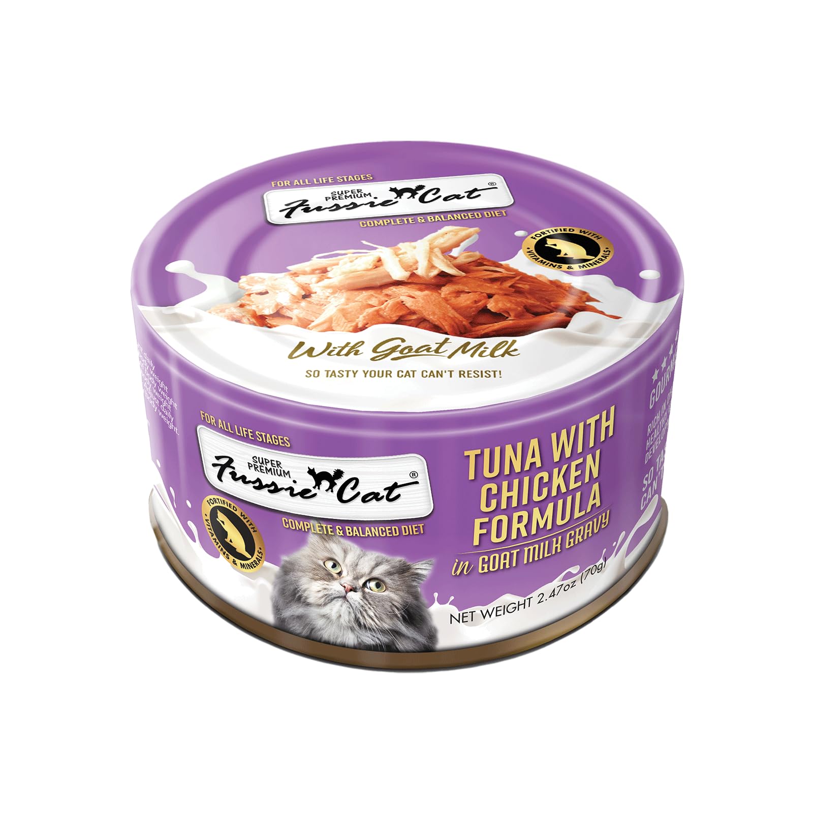 Fussie Cat Premium Canned Wet Cat Food in Goat Milk Gravy - 2.47 oz Cans - Case of 24 Cans (Tuna & Chicken)