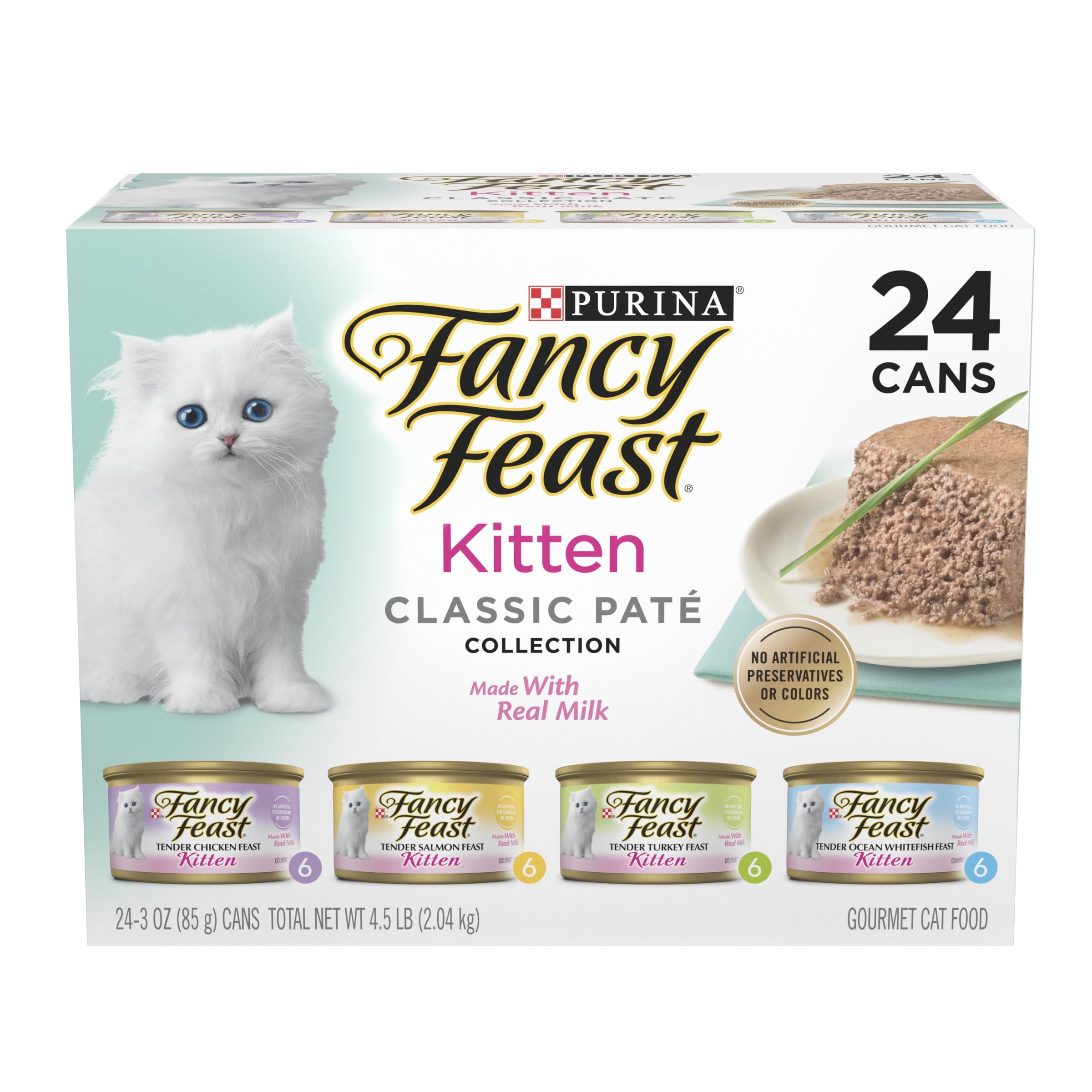 Purina Fancy Feast Tender Ocean Whitefish Turkey Chicken and Salmon Feasts Wet Kitten Food Variety Pack - (Pack of 24) 3 oz. Boxes
