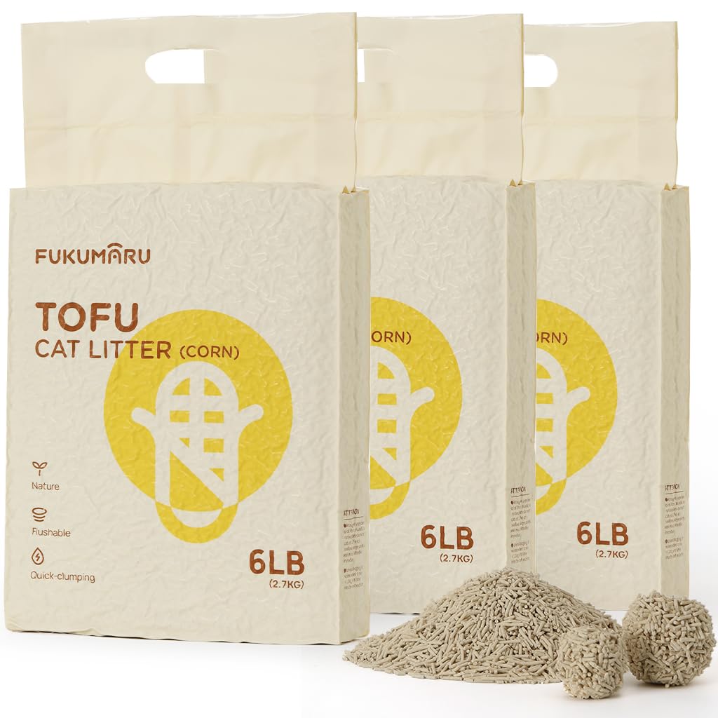 FUKUMARU Tofu Cat Litter Natural Unscented Dust Free Cat Litter Flushable Cat Litter Quick Clumping Lightweight Low Tracking Cat Litter Pellets Effective Odor Control 18 LBS (3 Packs)