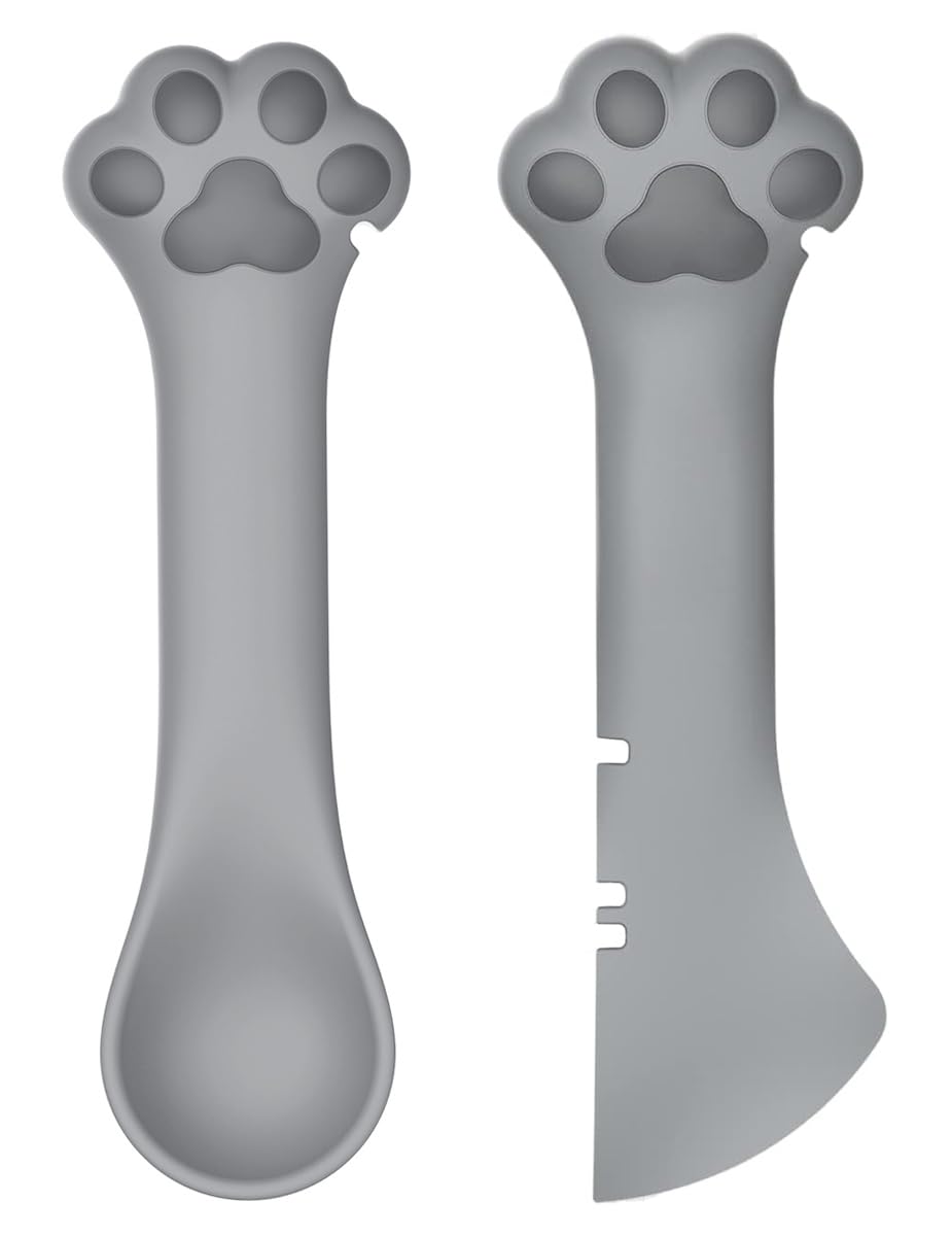 Joyinjojo 2 Pack Dog Cat Food Spoon Spatula Cute Paw Pet Can Opener Mixing Spoons for Dog Cat Wet Food Small Silicone Spatula Cat Treat Spoon Pet Cannd Food Scoop for Dog Cat Grey